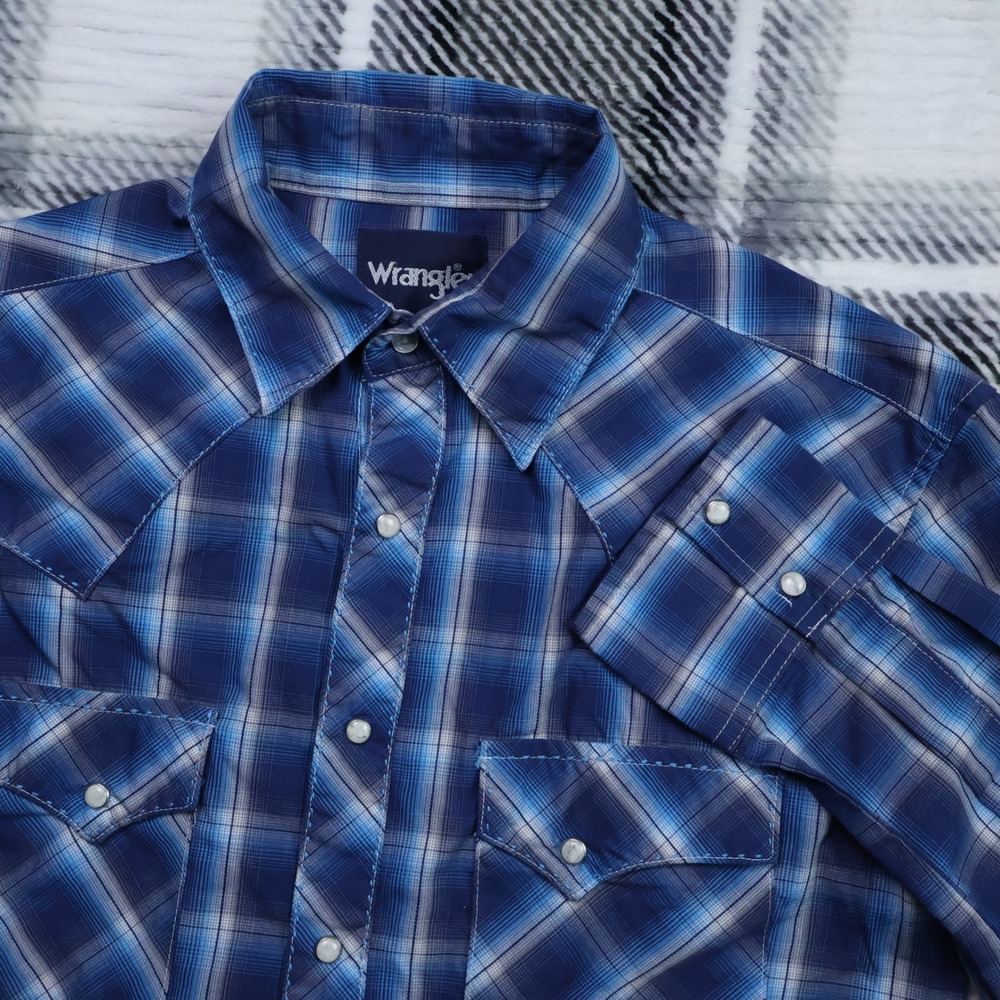 Wrangler Mens Blue Plaid Western Snap Long Sleeve Shirt MVG273B Small
